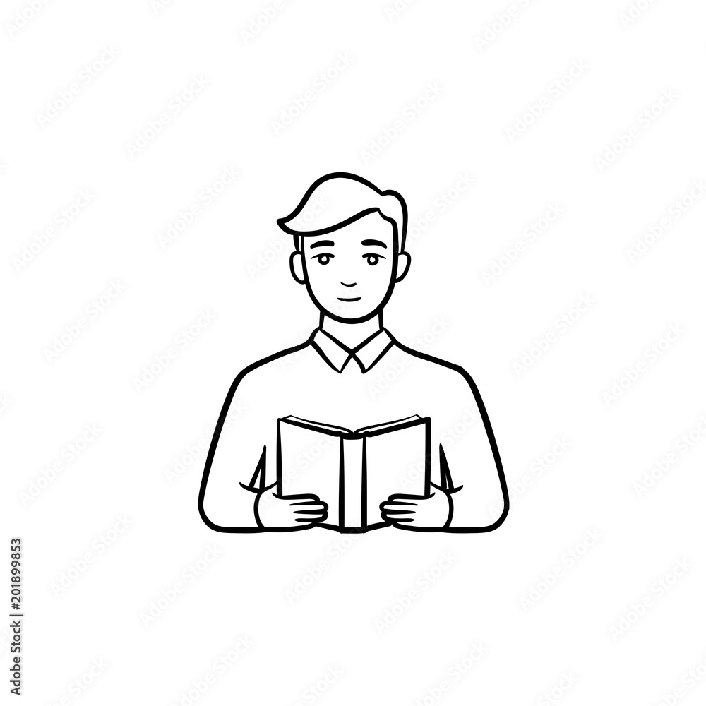 Student reading a book hand drawn outline doodle icon. Man with a book in hands vector sketch illustration for print, web, mobile and infographics isolated on white background. Student reading a book hand drawn outline doodle icon. Man with a book in hands vector sketch illustration for print, web, mobile and infographics isolated on white background.