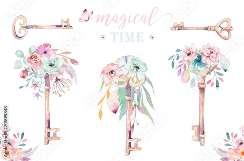 Isolated cute watercolor unicorn keys clipart with flowers. Nursery unicorns key illustration. Princess rainbow poster. pink magical poster