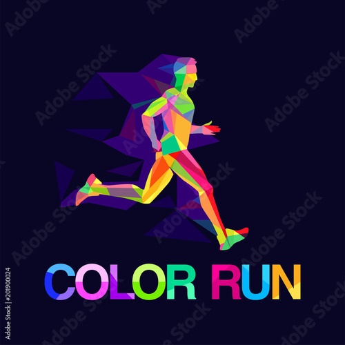 Vector logo symbol runner multicolored abstract shapes colored run dynamics of motion man silhouette.