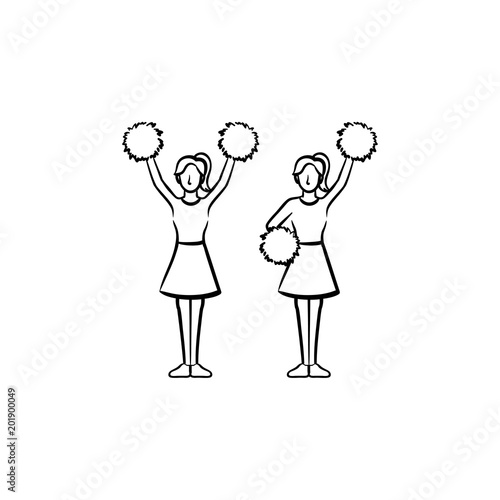 Cheerleader women with pom-pom hand drawn outline doodle icon. Girls cheer leaders vector sketch illustration for print, web, mobile and infographics isolated on white background.