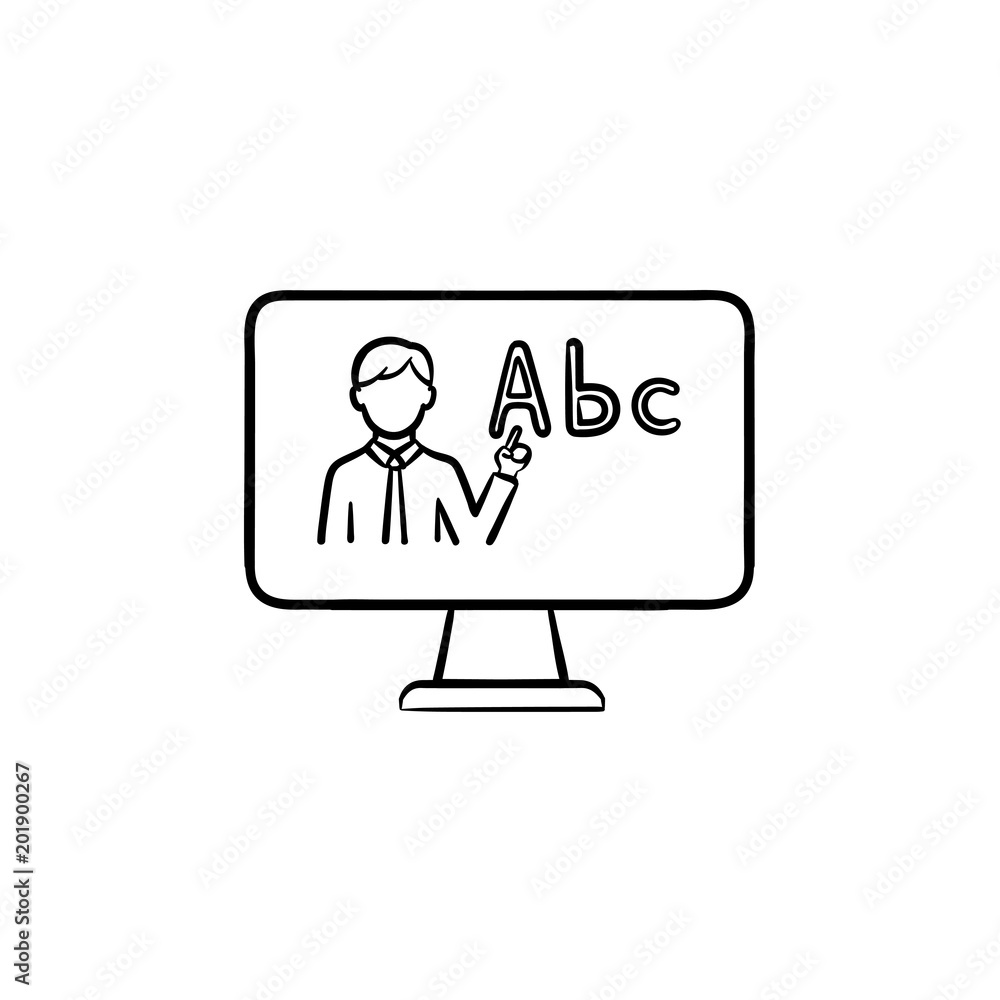 Online education hand drawn outline doodle icon. Teacher teaching study courses on a digital computer vector sketch illustration for print, web, mobile and infographics isolated on white background.