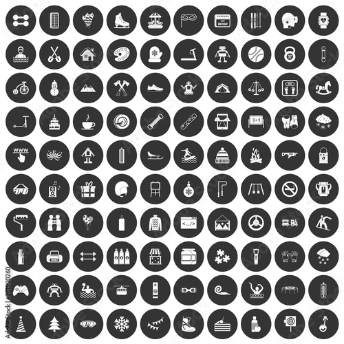 100 children activities icons set in simple style white on black circle color isolated on white background vector illustration