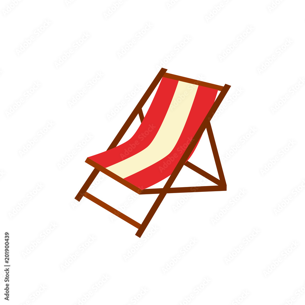Vector flat travelling, beach vacation symbol beach striped red white lounger icon. Summer holiday poster, banner design element. Isolated illustration, white background Vector flat travelling, beach vacation symbol beach striped red white lounger icon. Summer holiday poster, banner design element. Isolated illustration, white background