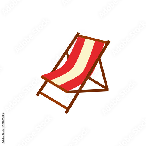 Vector flat travelling, beach vacation symbol beach striped red white lounger icon. Summer holiday poster, banner design element. Isolated illustration, white background