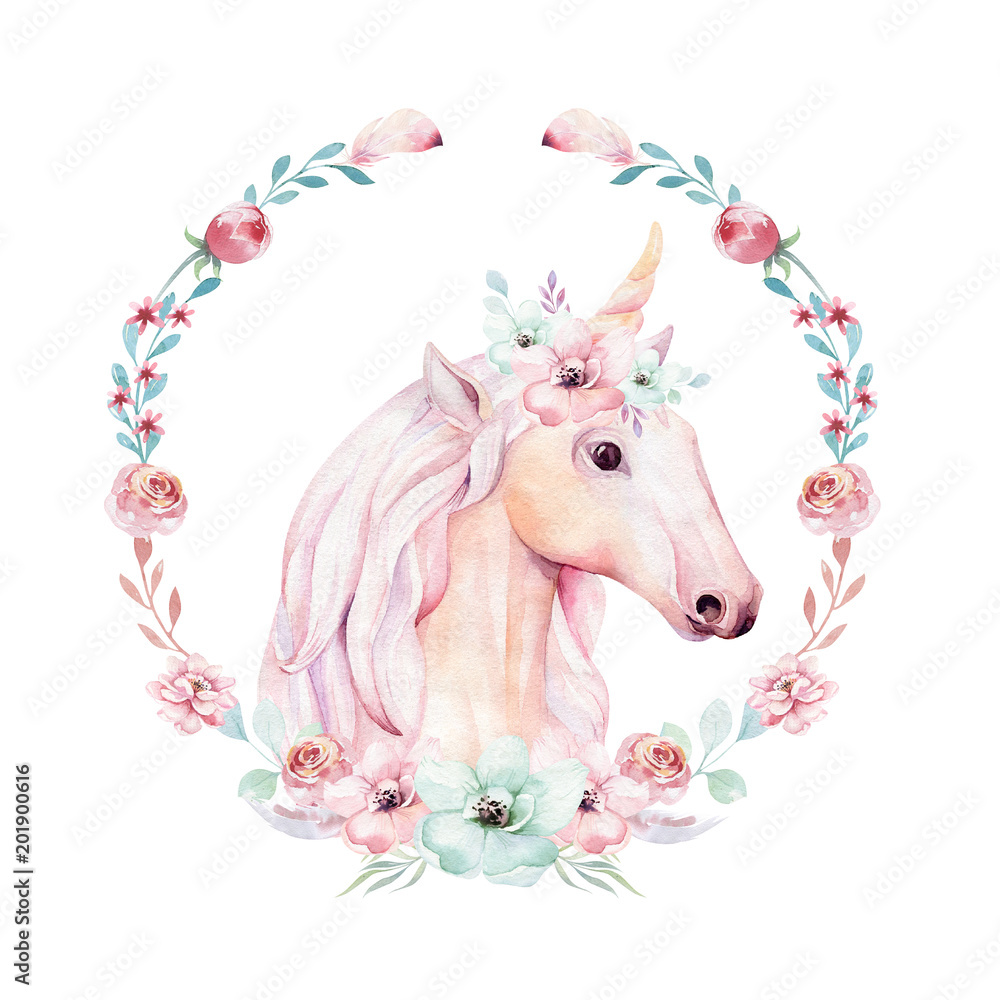 Obraz Isolated cute watercolor unicorn clipart with flowers. Nursery unicorns illustration. Princess rainbow poster. Trendy pink cartoon pony horse.