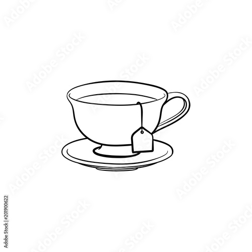Cup with tea bag hand drawn outline doodle icon. Hot drink - tea cup vector sketch illustration for print, web, mobile and infographics isolated on white background.