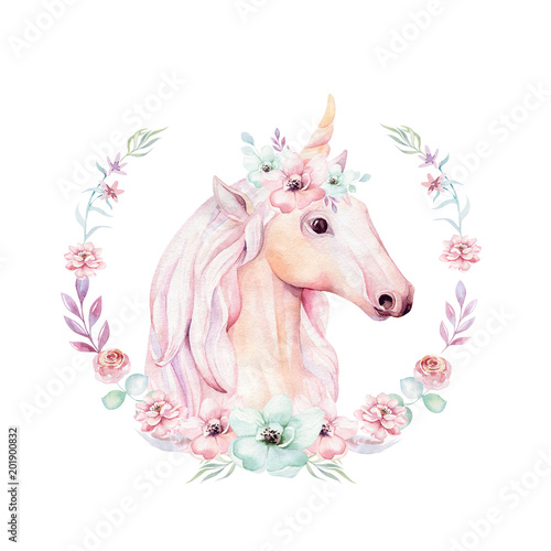 Fototapeta Naklejka Na Ścianę i Meble -  Isolated cute watercolor unicorn clipart with flowers. Nursery unicorns illustration. Princess rainbow poster. Trendy pink cartoon pony horse.