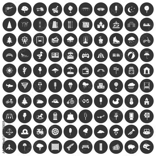 100 childrens park icons set in simple style white on black circle color isolated on white background vector illustration