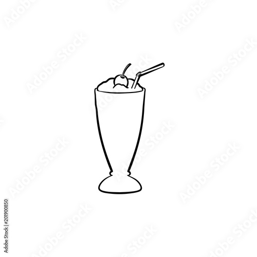 Milk cocktail with a maraschino cherry and straw in tall glass hand drawn outline doodle icon. Glass of milkshake with whipped cream vector sketch illustration for print, web, mobile and infographics.