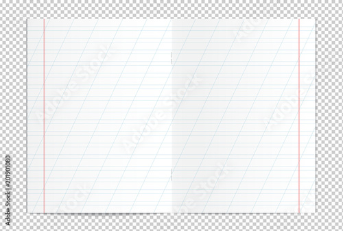 Vector illustration of realistic writing practice copybook spread isolated on transparent background. Lined pages for handwriting and lettering used in elementary school. Slanting lines every 25 mm