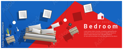 Horizontal interior banner sale with bedroom furniture hovering on colorful background , vector , illustration