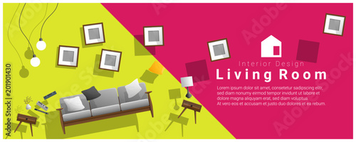 Horizontal interior banner sale with living room furniture hovering on colorful background , vector , illustration