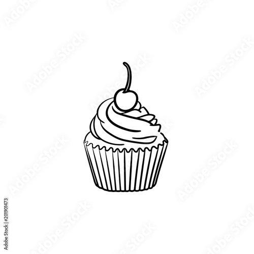 Cupcake hand drawn outline doodle icon. Vector sketch illustration of cupcake with berry for print, web, mobile and infographics isolated on white background.