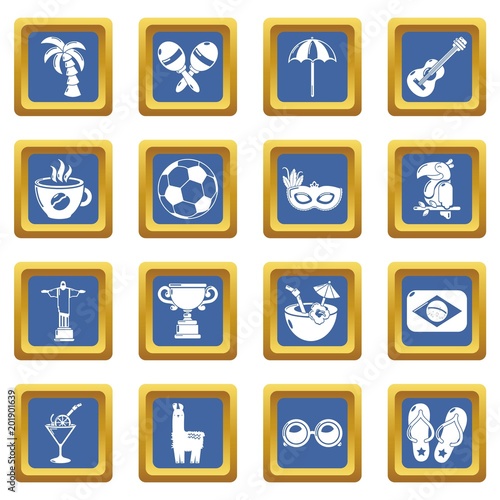 Travel Brazil icons set vector blue square isolated on white background 