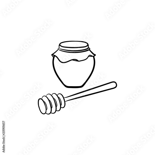 Honey in a glass jar with wooden spoon hand drawn outline doodle icon