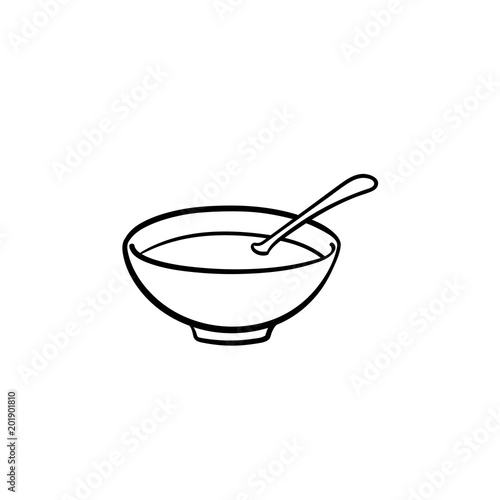 Bowl of hot soup hand drawn outline doodle icon. Miso soup vector sketch illustration for print, web, mobile and infographics isolated on white background.