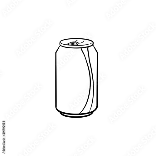 Soda pop can hand drawn outline doodle icon. Metal can of soda pop with drinking straw vector sketch illustration for print, web, mobile and infographics isolated on white background.