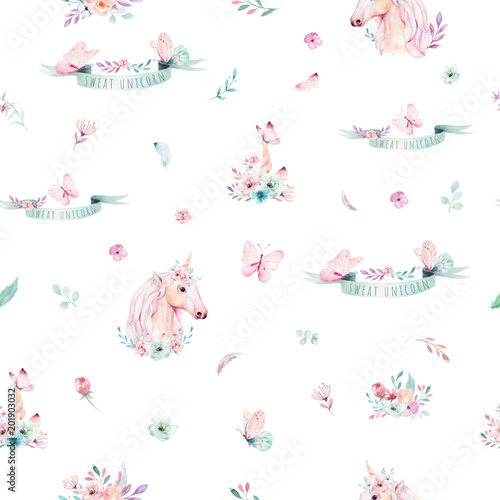 Cute watercolor unicorn seamless pattern with flowers. Nursery magic unicorn patterns. Princess rainbow texture. Trendy pink cartoon pony horse.