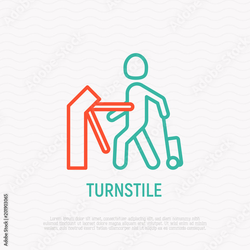 Man with suitcase going through turnstile. Thin line icon. Modern vector illustration.