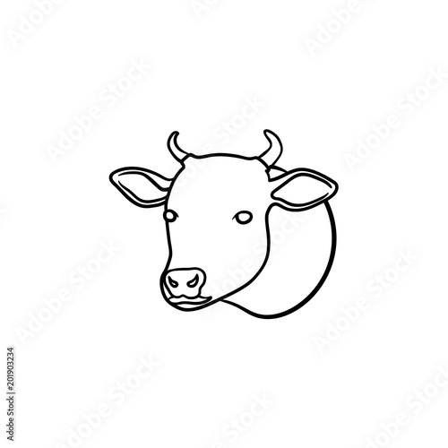Cow head hand drawn outline doodle icon. Organic veal meat vector sketch illustration for print, web, mobile and infographics isolated on white background.