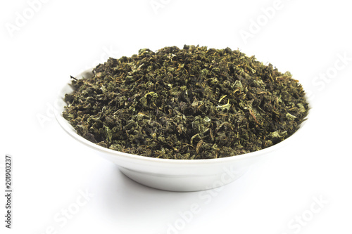 Dried tea leaves on a platter
