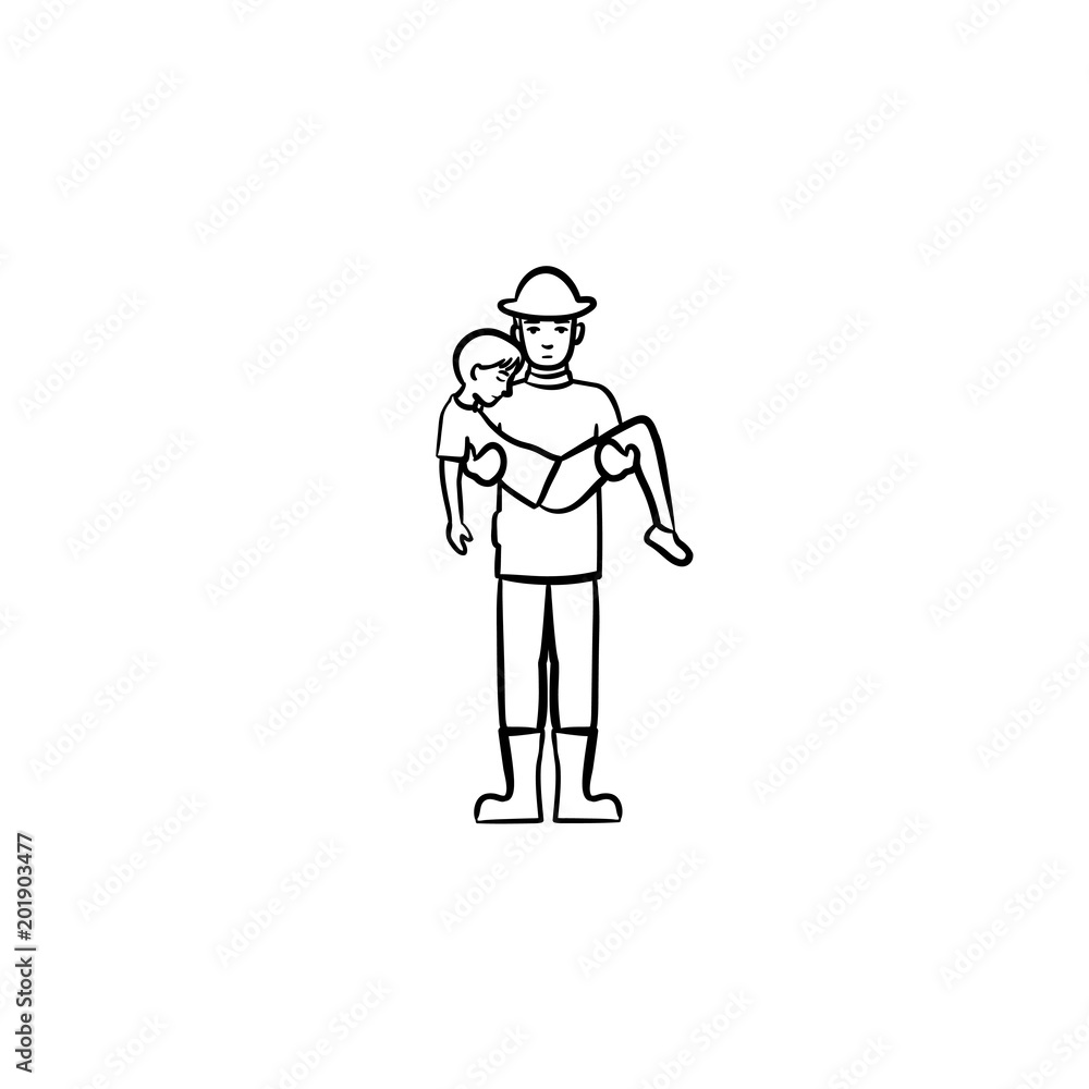 Strong fireman rescuing a person hand drawn outline doodle icon. Fireman rescuing a man vector sketch illustration for print, web, mobile and infographics isolated on white background.