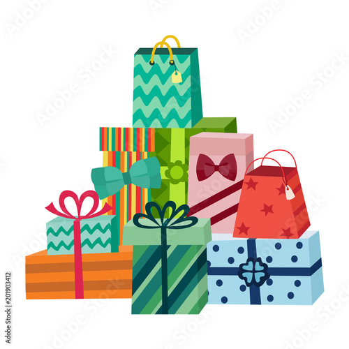 Present box with bright wrapping ribbon bow pile, heap. Birthday party, anniversary celebration, new year christmas, valentine day xmas holiday invatation greeting card design vector illustration