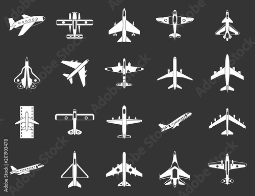Plane icon set vector white isolated on grey background 