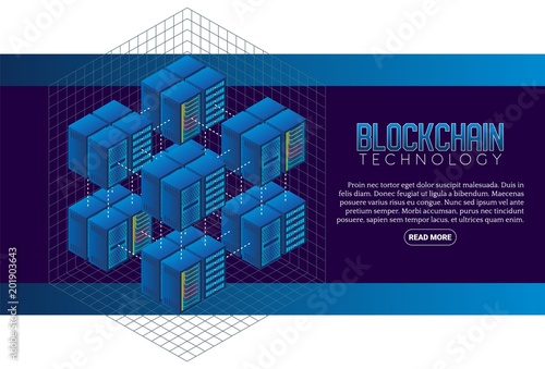 Blockchain technology vector isometric banner