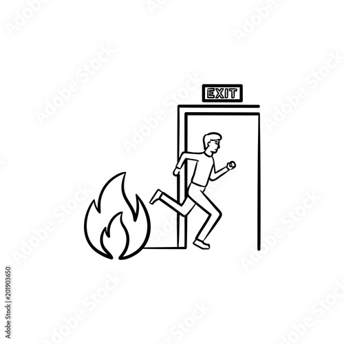 Evacuation exit hand drawn outline doodle icon. Man run away fire through evacuation exit vector sketch illustration for print, web, mobile and infographics isolated on white background.