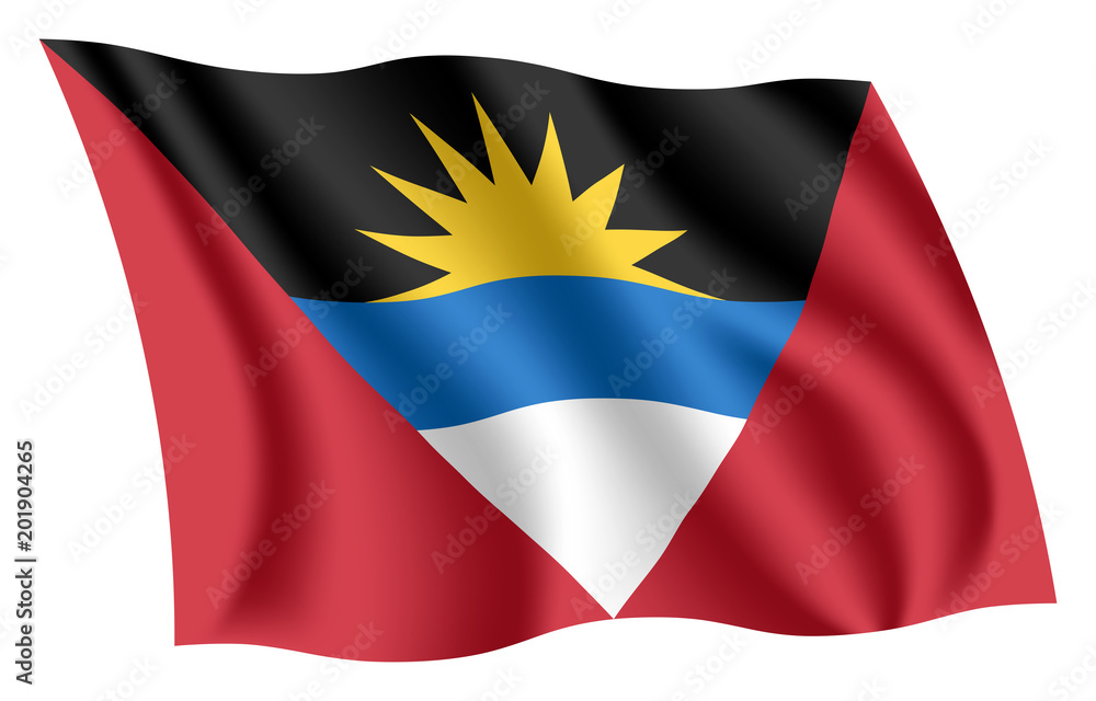 Antigua and Barbuda flag. Isolated national flag of Antigua and Barbuda. Waving flag of Antigua and Barbuda. Fluttering textile antiguan and barbudan flag. Antigua and Barbuda flag. Isolated national flag of Antigua and Barbuda. Waving flag of Antigua and Barbuda. Fluttering textile antiguan and barbudan flag.