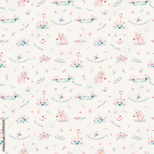 Cute watercolor unicorn seamless pattern with flowers. Nursery magic unicorn patterns. Princess rainbow texture. Trendy pink cartoon pony horse.