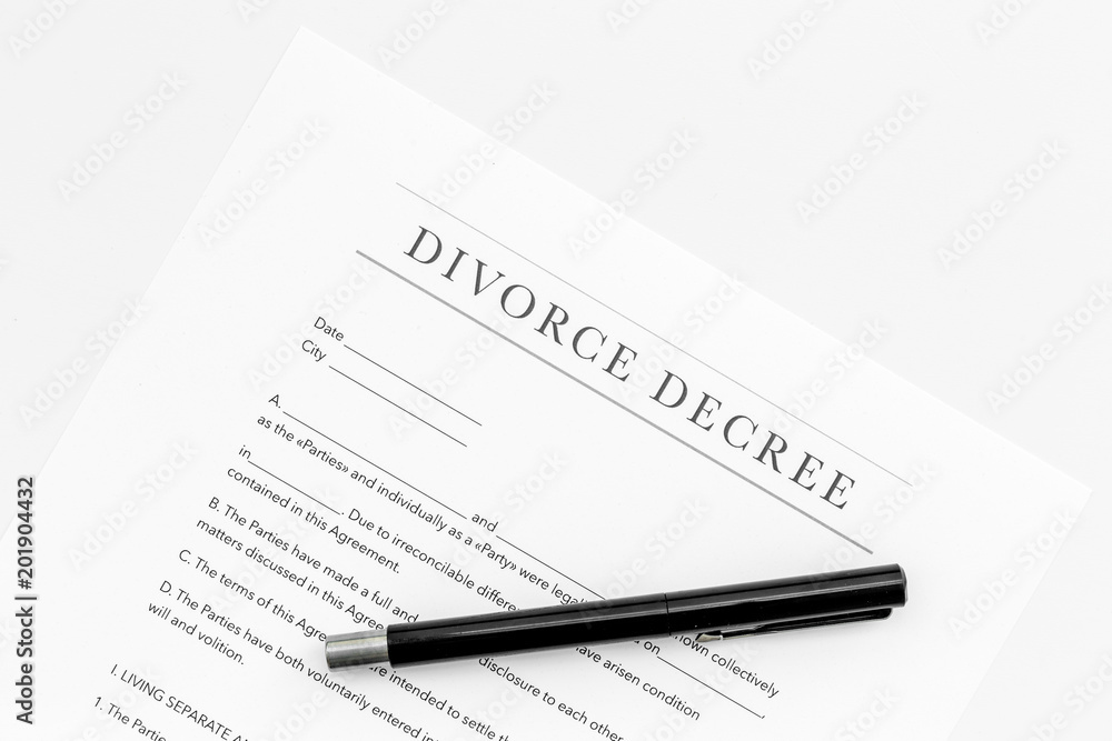 Divorce decree. Document on white backgroud top view copy space Divorce decree. Document on white backgroud top view copy space