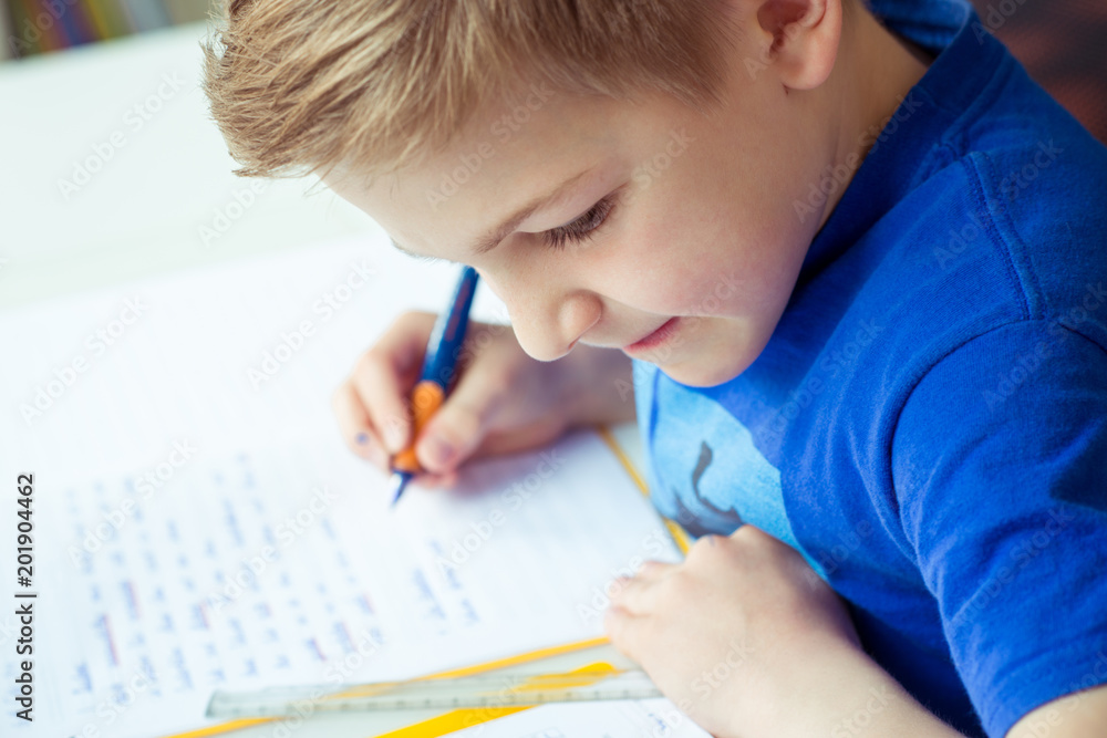 Intelligent boy makes homework in his room Intelligent boy makes homework in his room