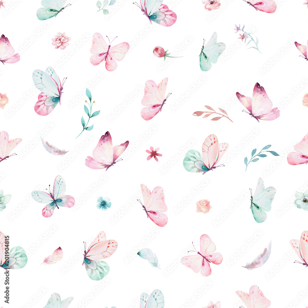 Obraz Ładny akwarela jednorożca wzór z kwiatami. Żłobek magiczne wzory jednorożca. Księżniczka tęczy tekstury. Modny różowy koń kucyk kreskówka.