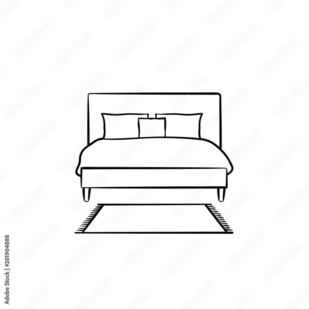 Bed with pillows hand drawn outline doodle icon. Bedroom furniture for
