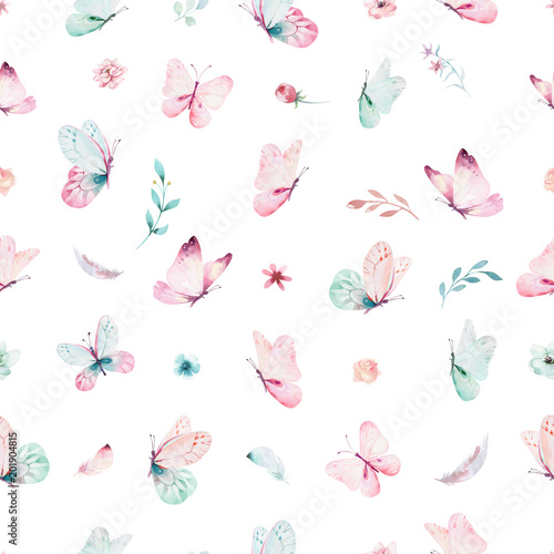 Obraz na płótnie Ładny akwarela jednorożca wzór z kwiatami. Żłobek magiczne wzory jednorożca. Księżniczka tęczy tekstury. Modny różowy koń kucyk kreskówka.