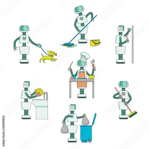 Robots do housework - wash dishes and floor, cook, take garbage out, walk the dog, drive nails into wall, flat vector illustration isolated on white background. Robots do routine chores, housework