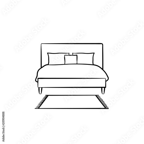 Bed with pillows hand drawn outline doodle icon. Bedroom furniture for sleep - bed with pillows vector sketch illustration for print, web, mobile and infographics isolated on white background.