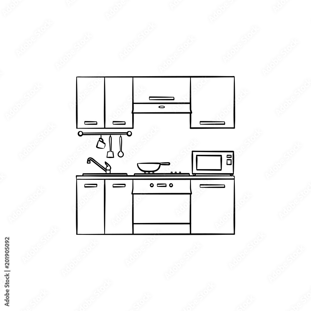 Kitchen interior hand drawn outline doodle icon. Furniture for kitchen interior vector sketch illustration for print, web, mobile and infographics isolated on white background. Kitchen interior hand drawn outline doodle icon. Furniture for kitchen interior vector sketch illustration for print, web, mobile and infographics isolated on white background.
