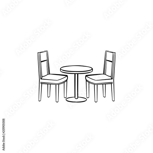 Restaurant furniture hand drawn outline doodle icon. Side view of restaurant furniture - table and chairs vector sketch illustration for print, mobile and infographics isolated on white background.