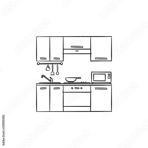 Kitchen interior hand drawn outline doodle icon. Furniture for kitchen interior vector sketch illustration for print, web, mobile and infographics isolated on white background.