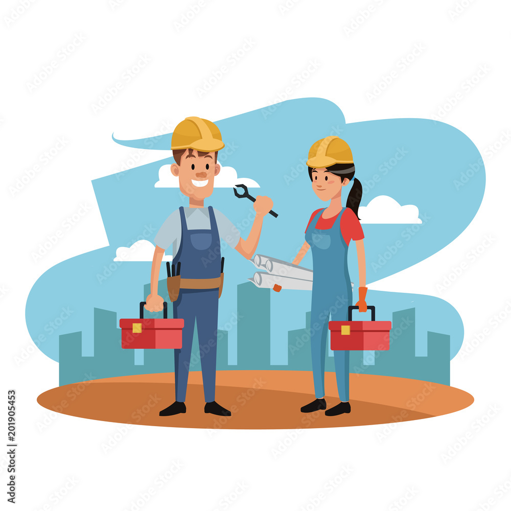 Workers at construction zone with toolbox vector illustration graphic design Workers at construction zone with toolbox vector illustration graphic design