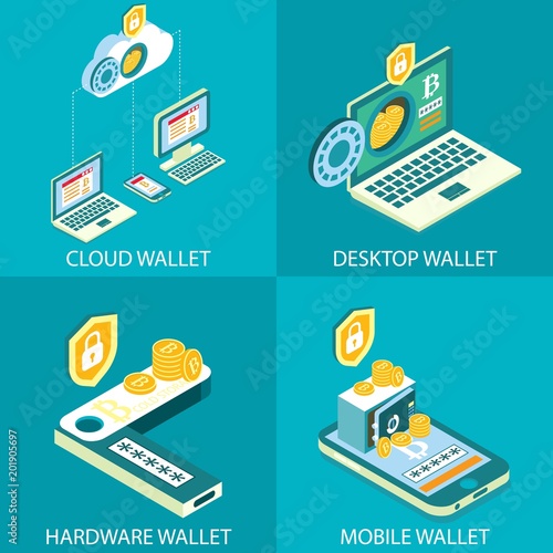 Cryptocurrency wallet vector isometric icon set