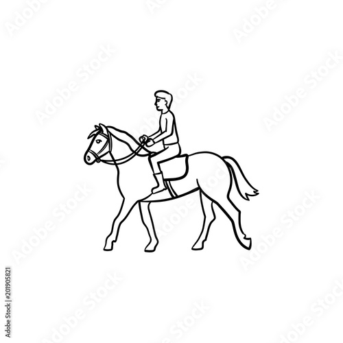 Man riding horse with saddle hand drawn outline doodle icon. Horse riding vector sketch illustration for print, web, mobile and infographics isolated on white background.