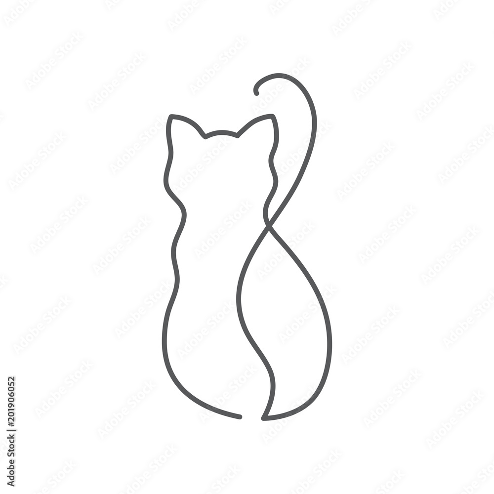 Back view of cat continuous line drawing - cute pet sits backward with twisted tail isolated on white background. Back view of cat continuous line drawing - cute pet sits backward with twisted tail isolated on white background.