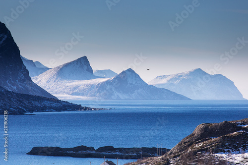 Beautiful landscape with mountains in background at Lofoten Island, Norway