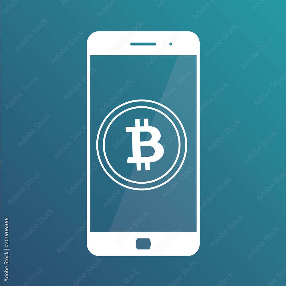 Smartphone bitcoin icon. Mobile payment with smartphone. Crypto-currency market. Isolated icon on gradient blue background Smartphone bitcoin icon. Mobile payment with smartphone. Crypto-currency market. Isolated icon on gradient blue background