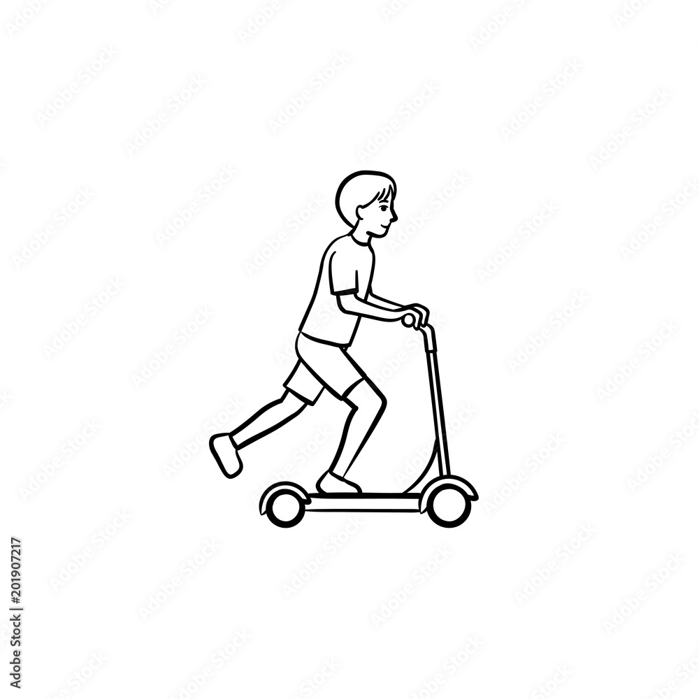 Boy riding a kick scooter hand drawn outline doodle icon. Teenage boy on a kick  scooter vector sketch illustration for print, web, mobile and infographics  isolated on white background. vector de Stock