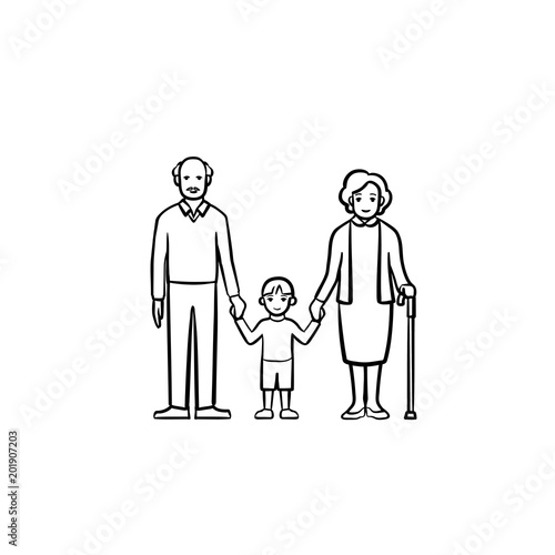 Grandparents and grandson hand drawn outline doodle icon. Happy family together - grandfather, grandmother and grandson holding hands vector sketch illustration for print, web, mobile and infographics